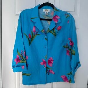 Talbots Blue Floral Linen Blouse Tulips Button Up Aqua Pink Spring Easter Sz 14